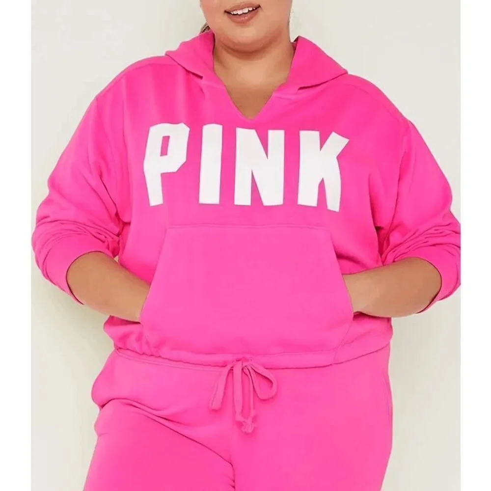 PINK Victorias Secret Cinched‎ Crop Hoodie & Sweatpants Atomic Pink Set L/XL - Picture 10 of 11